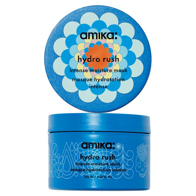 Amika hydro rush intense moisture mask with blue container and floral design on a white background - Hair Care Canada