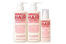 Three ELVEEN Australia Miracle Hair Treatment products on a white background: a 300 mL shampoo bottle, a 300 mL conditioner bottle, and a 125 mL soft hair love you bottle.