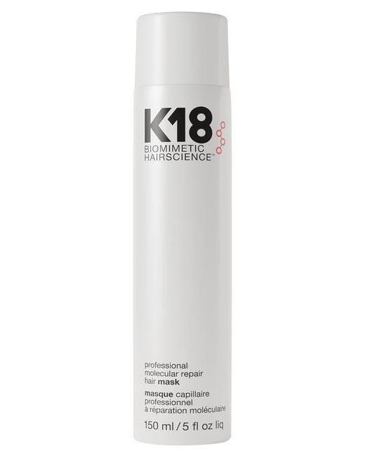 A white cylindrical bottle of K18 Biomimetic Hairscience Hair Mask on a plain white background - Hair Care Canada