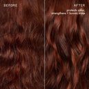 Before-and-after hair swatch comparison showing wavy medium-to-dark brown hair with glossy highlights. The left side is labeled 'BEFORE' and the right side 'AFTER' with text noting color protection, strength, and shine boost.