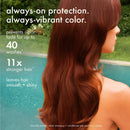 A woman shown from the back with long, wavy reddish-brown hair standing by a swimming pool. White text on the left reads: 'always-on protection.