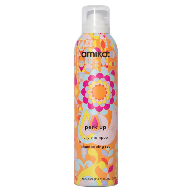 Amika dry shampoo can with colorful design on a white background - Hair Care Canada