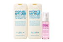 Three EL3VEN Australia hair care products on a white background: two large off-white bottles labeled Hydrate My Hair Moisture Shampoo and Moisture Conditioner, and one smaller pink bottle labeled Smooth & Shine Anti-Aging Serum.