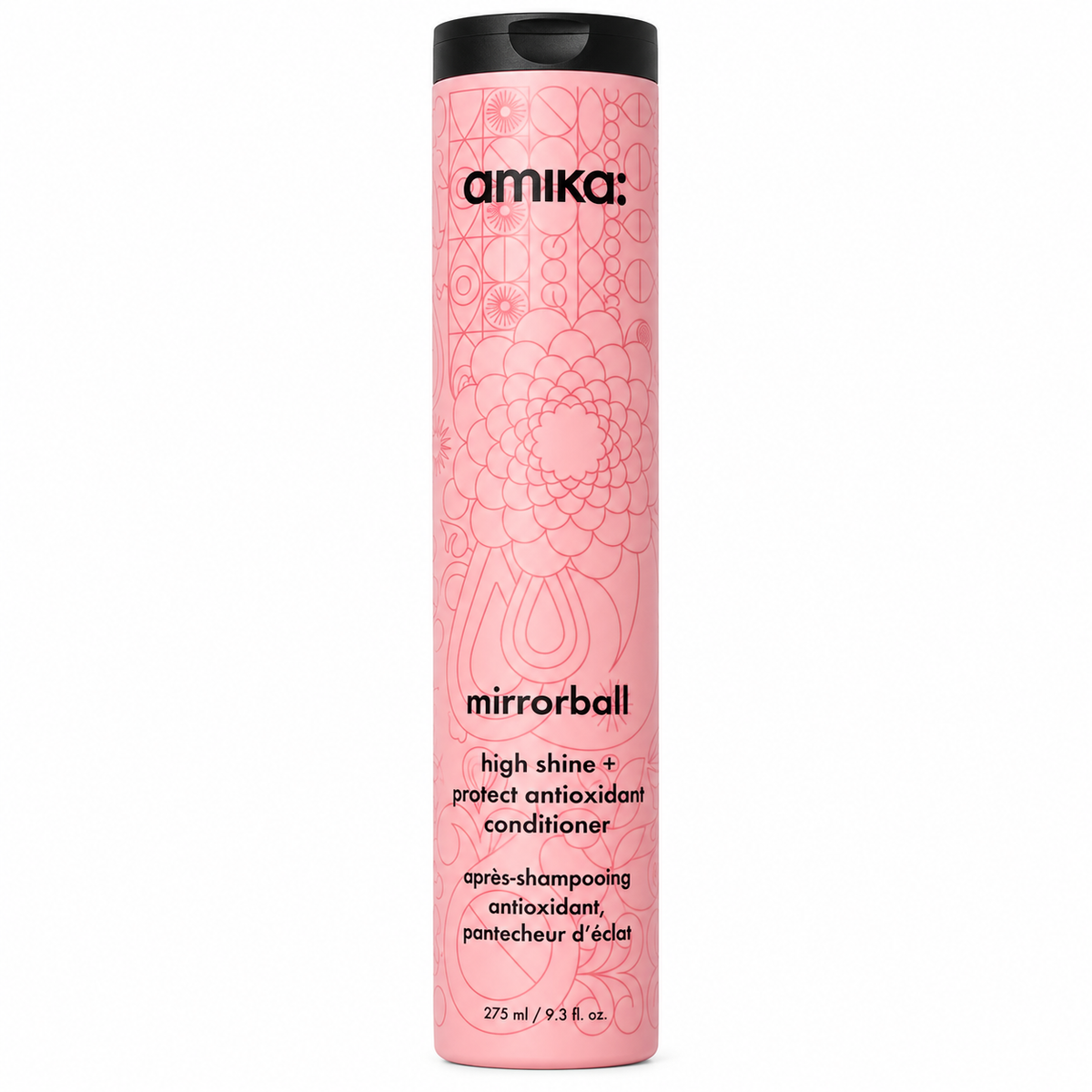 A pink cylindrical bottle of Amika Mirrorball High Shine + Protect Antioxidant Conditioner with a black cap, shown against a plain white background.