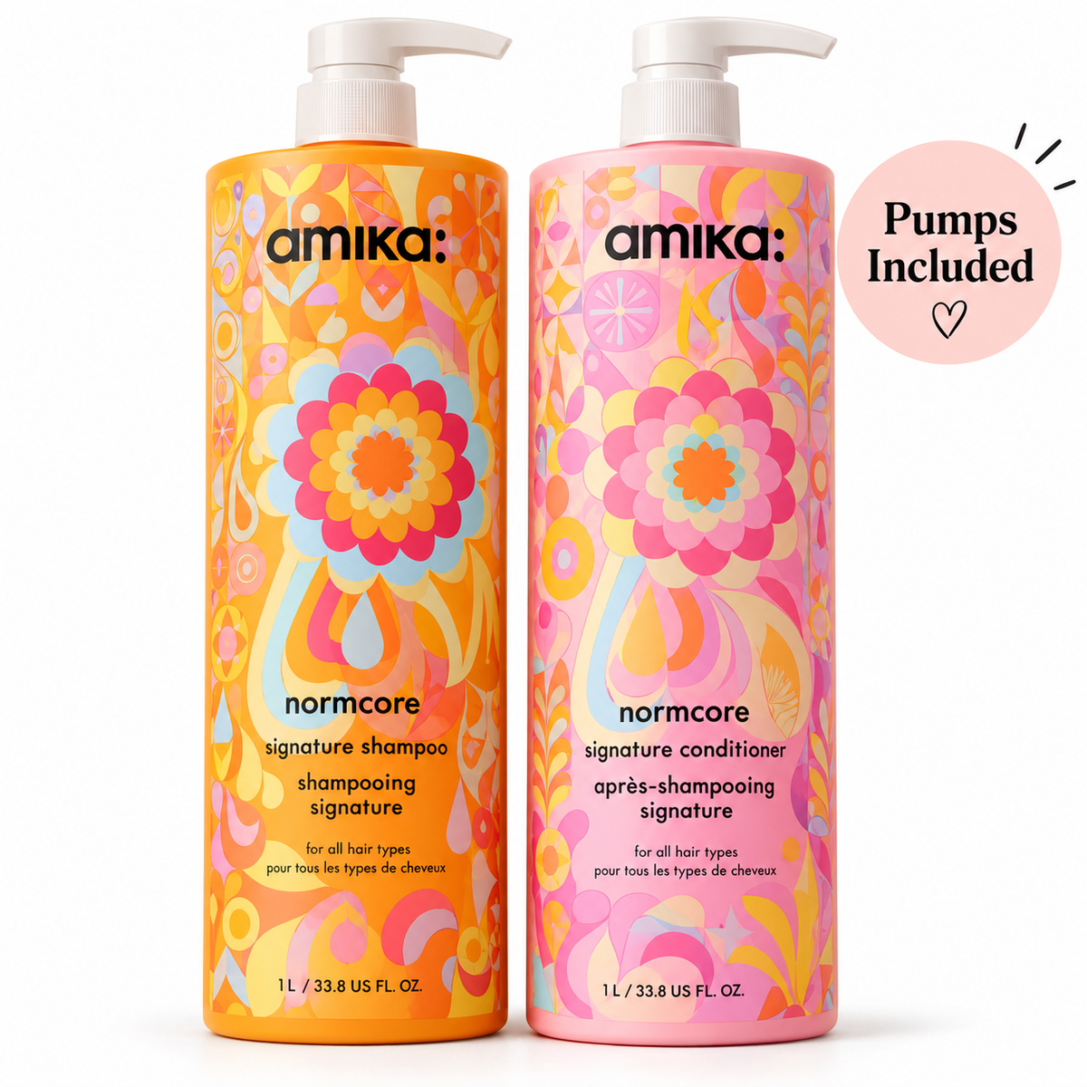 amika Normcore 1000ml shampoo and conditioner duo with pumps