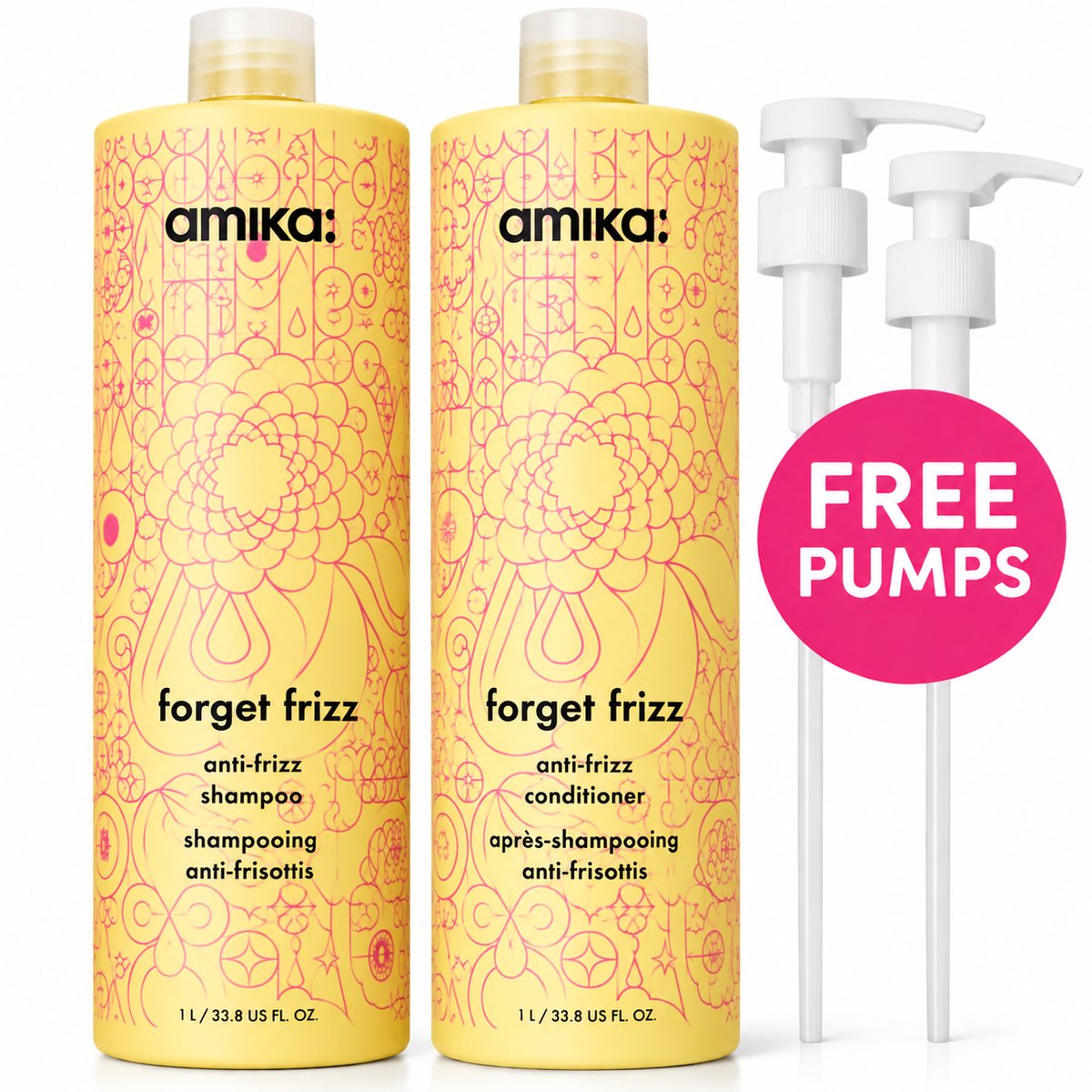 amika Forget Frizz 1000ml shampoo and conditioner duo with free pumps