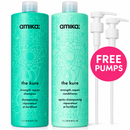 Two turquoise Amika 'The Kure' bottles shown on a white background, with two white pump dispensers to the right and a pink circular callout reading 'FREE PUMPS'.
