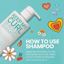 Shampoo bottle with instructions on a blue background with hearts and flowers