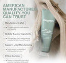 A tube of Neuma hair product shown on a light gray background with decorative wood and text highlighting American manufactured quality, ingredients, and local manufacturing support.