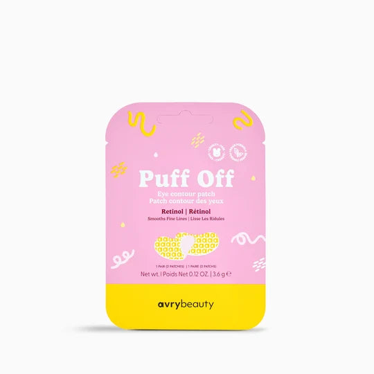 Avvy Beauty Puff Off eye contour patch packet in pink and yellow packaging, containing 20 patches, on a clean white background-Hair Care Canada