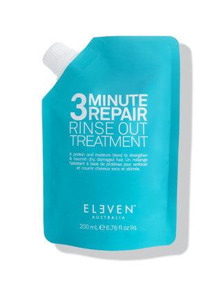 Blue pouch of '3 Minute Repair Rinse Out Treatment' by Eleven on a white background-Hair Care Canada