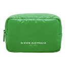 A bright green puffer-style pouch bag with white text reading 'ELEVEN AUSTRALIA est. 2011' on the front, shown on a plain white background.