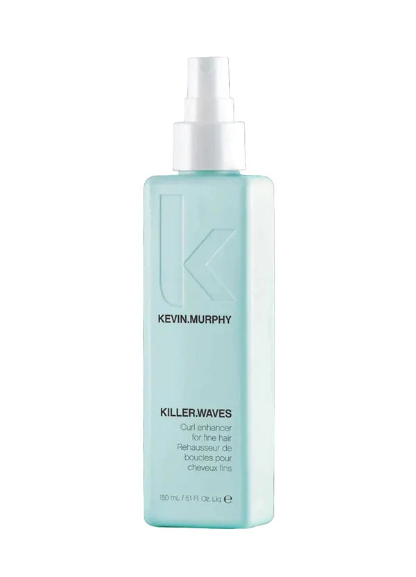 Kevin Murphy Killerwaves Curl Enhancer spray bottle in a light mint green color with a white spray top, shown on a plain white background.