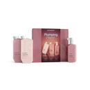 Kevin Murphy Plumping Power hair care set featuring a pink and mauve box with three matching bottles and a pump bottle arranged in front on a white background.