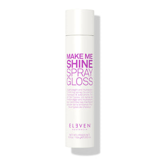 Make Me Shine Spray Gloss bottle with purple text on a white-Hair Care Canada