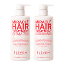 Two white bottles of Eleven Australia Miracle Hair Treatment Shampoo and Miracle Hair Treatment Conditioner side by side on a white background.