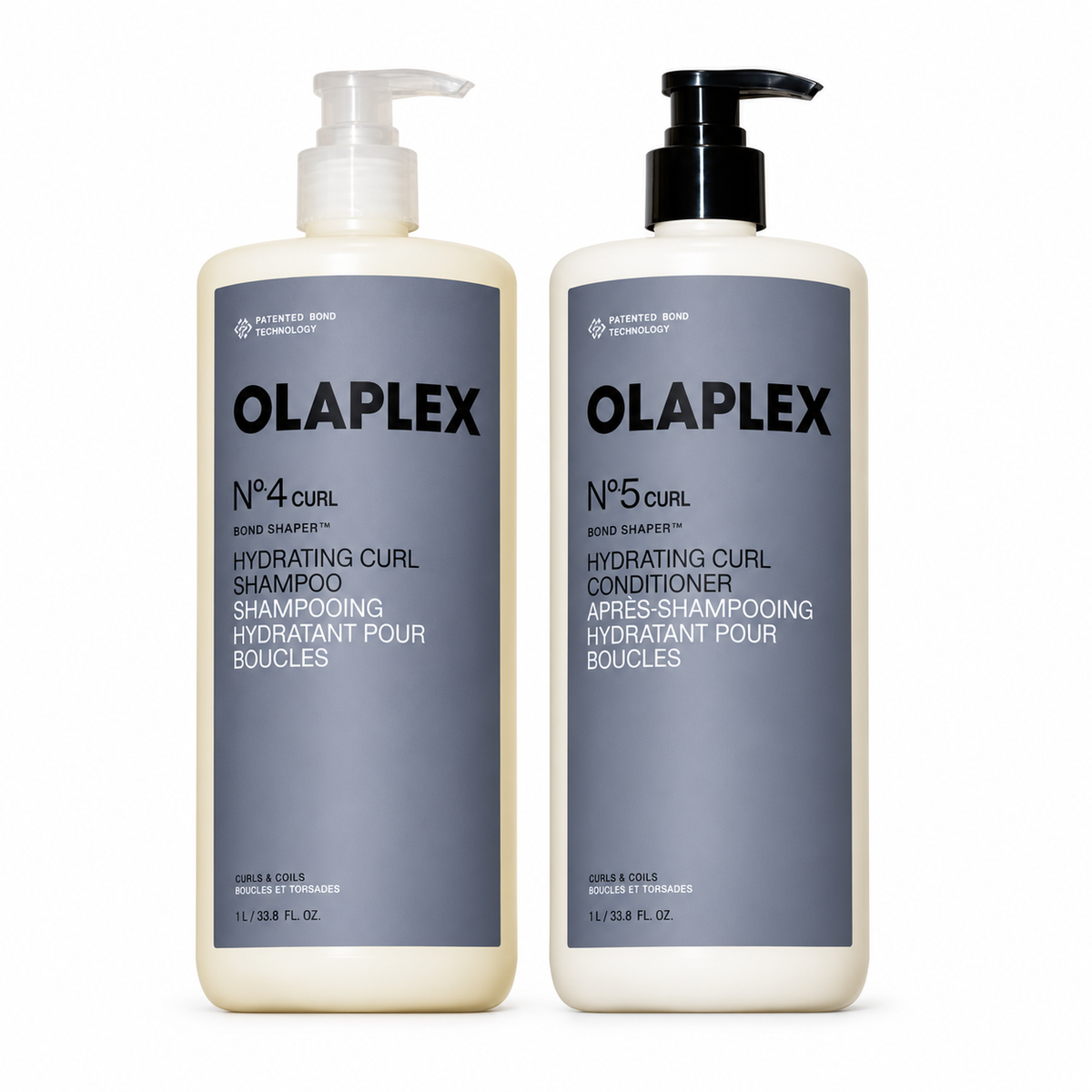 Two OLAPLEX haircare bottles on a white background: a Hydrating Curl Shampoo bottle with a white pump and a Hydrating Curl Conditioner bottle with a black pump. Both bottles are off-white with gray labels - Hair Care Canada