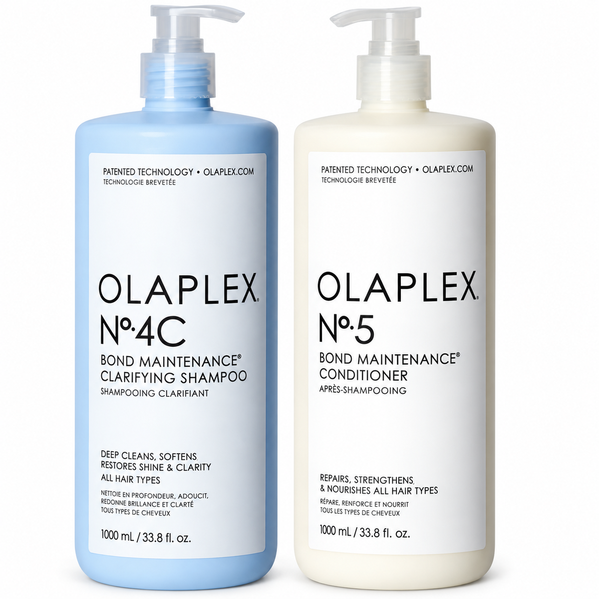 Two pump bottles of Olaplex No. 4C Bond Maintenance Clarifying Shampoo and No. 5 conditioner - Hair Care Canada
