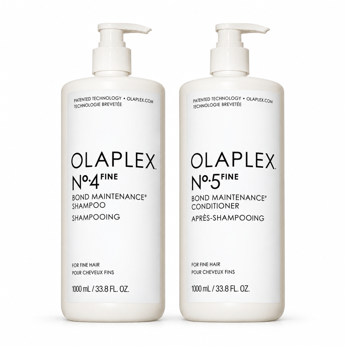 Two white pump bottles of Olaplex No. 4 Fine Bond Maintenance Shampoo and No. 5 conditioner - Hair Care Canada