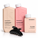 Kevin Murphy hair care set featuring three bottles (Plumping Wash, Plumping Rinse, Full Again Thickening Lotion) in beige and pink, alongside a black hair claw clip, on a white background - Hair Care Canada