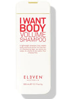Shampoo bottle labeled 'I Want Body Volume Shampoo' by Eleven Australia on a white background - hair care Canada