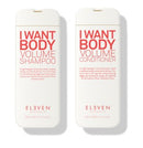 Two bottles of 'I Want Body Volume' shampoo and conditioner by ELEVEN on a white background-Hair care Canada
