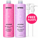 Two Amika Mirrorball haircare bottles on a white background, with two white pump dispensers and a bright pink circle that reads FREE PUMPS.