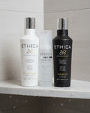 Hair Care Canada Ethica Beauty Shampoo & Conditioner Trio with Unmask mask. White conditioner, clear mask, black shampoo bottles.