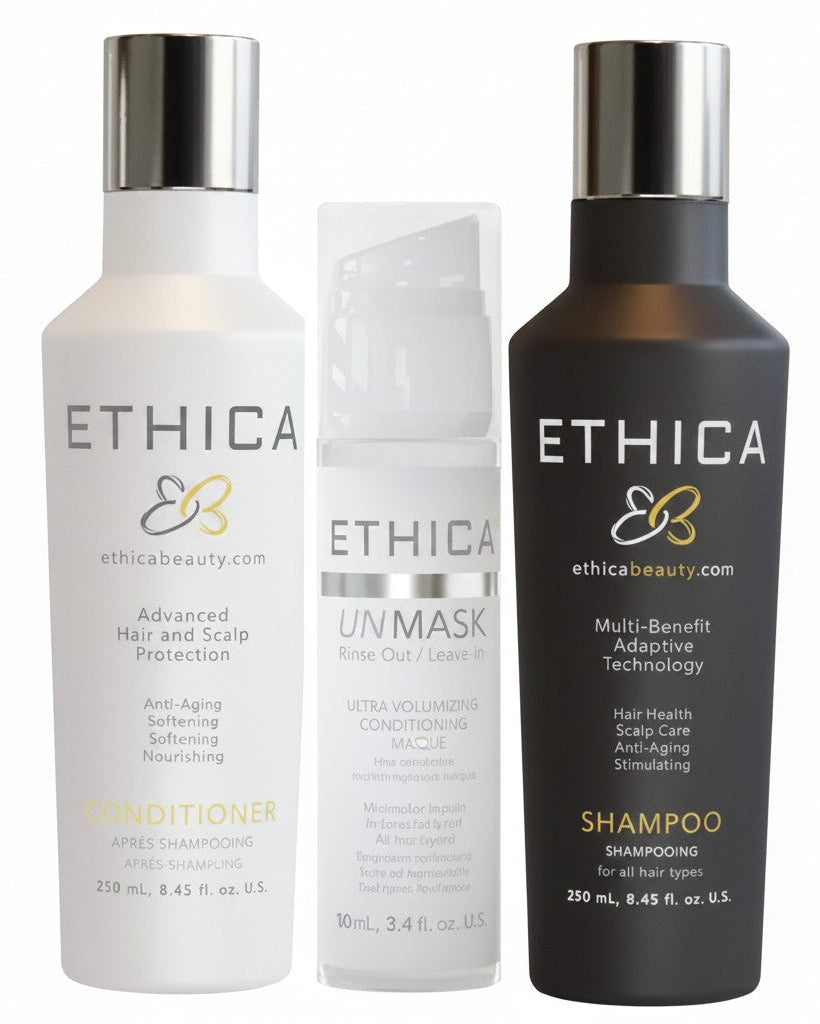 Hair Care Canada Ethica Beauty Shampoo & Conditioner Trio with Unmask mask. White conditioner, clear mask, black shampoo bottles.