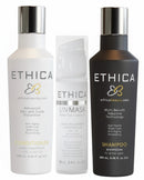 Hair Care Canada Ethica Beauty Shampoo & Conditioner Trio with Unmask mask. White conditioner, clear mask, black shampoo bottles.