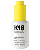 Hair Care Canada K18 Molecular Repair Hair Oil bottle with a bright yellow cap and white label for frizz control.