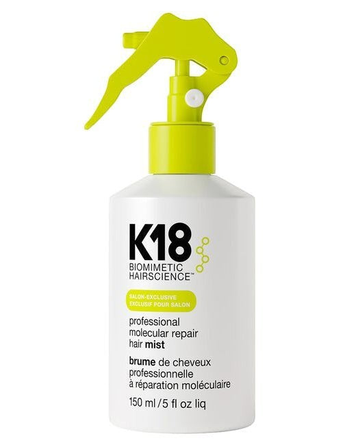 Hair Care Canada K18 Professional Molecular Repair Hair Mist in a white bottle with a bright lime green spray nozzle.