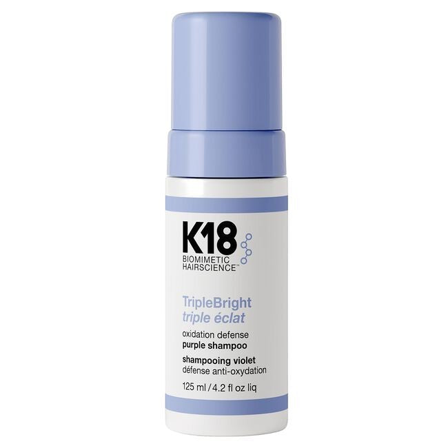 Hair Care Canada K18 TripleBright purple shampoo bottle for neutralizing brassy tones in blonde and silver hair.