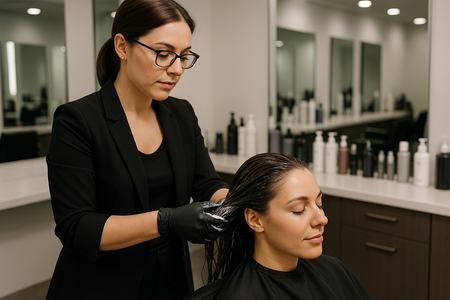 hair stylist applying a conditioning treatment to a client-hair care canada