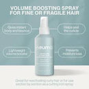 A bottle of Neuma Volume Boosting Spray for fine or fragile hair, shown against a light teal background with callout text bubbles describing its benefits.
