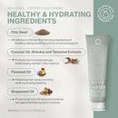A promotional graphic for a hair and skin care product featuring a white tube on the right and text on the left. The text reads 'HEALTHY & HYDRATING INGREDIENTS' and lists Chia Seed, Coconut Oil, Shikiji and Tamarind Extracts, Flaxseed Oil, and Grapeseed Oil.