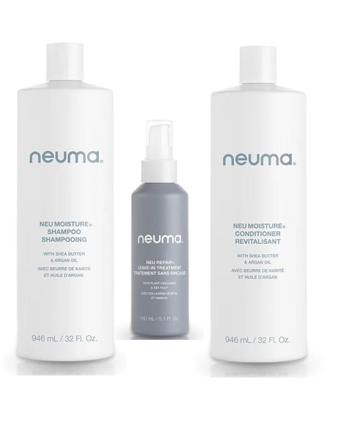 Neuma hair care products including shampoo, conditioner, and serum on a white background - hair care canada