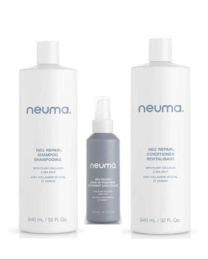 Neuma hair care product set including shampoo, conditioner, and treatment spray on a white background - Hair Care Canada