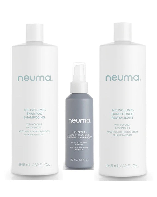 Neuma hair care product set including shampoo, conditioner, and leave-in treatment on a white background - Hair Care Canada