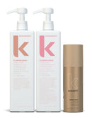 Two Kevin Murphy Plumping bottles and a Session Spray can on a white background - Hair Care Canada