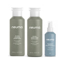 Three Neuma hair care bottles on a white background: a large olive green shampoo bottle, a matching large conditioner bottle, and a smaller light blue spray bottle - Hair Care Canada