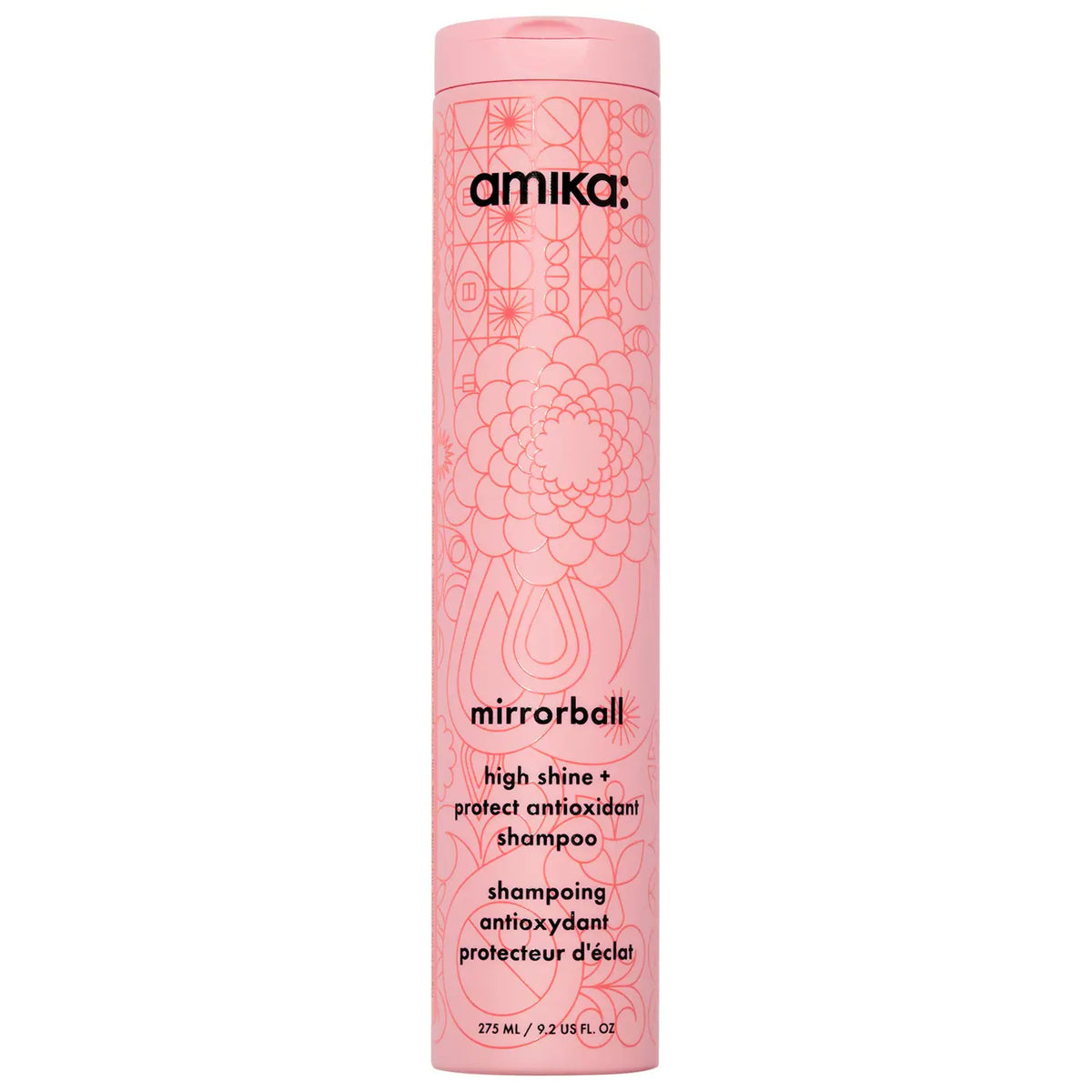 A tall, cylindrical pink bottle of amika mirrorball high shine protectant antioxidant shampoo, featuring a pink cap and a floral line-art pattern on a white background Hair Care Canada