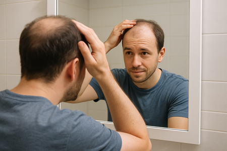 thinning hair \ person looking at hair loss in mirror-hair care canada